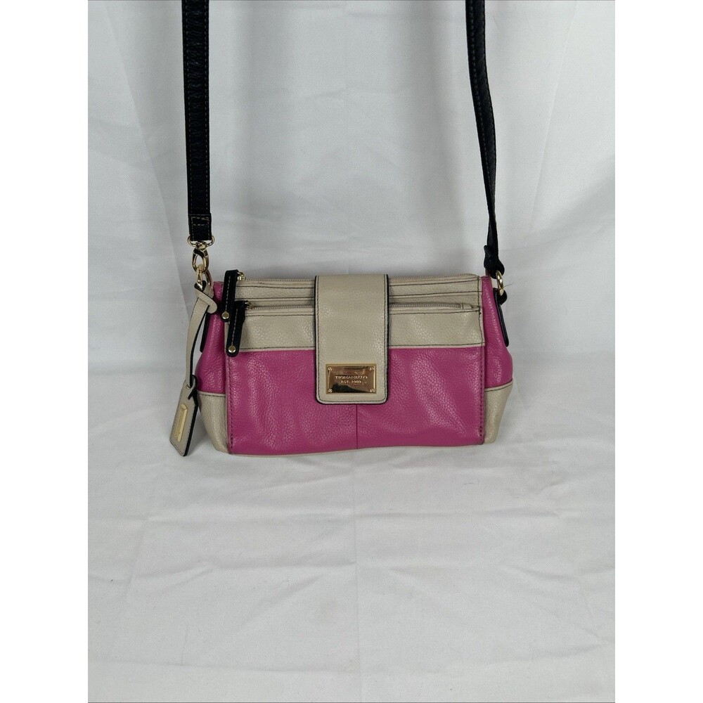 Tignanello Leather Hot Pink Taupe Crossbody Bag Purse Black Strap Barbie Preppy - Picture 3 of 16